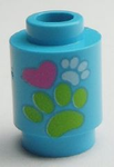 PARTS | Brick, Round 1 x 1 with Lime and White Paw Prints and Dark Pink Heart Pattern [3062pb039]