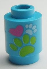 PARTS | Brick, Round 1 x 1 with Lime and White Paw Prints and Dark Pink Heart Pattern [3062pb039]