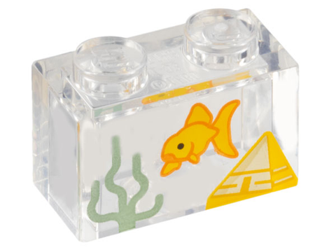 PARTS | Brick 1 x 2 without Bottom Tube with Fish Tank with Goldfish, Sand Green Seaweed and Yellow Pyramid Pattern [3065pb22]