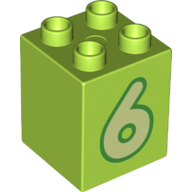 DUPLO | PARTS | PRELOVED | Duplo, Brick 2 x 2 x 2 with Yellowish Green Number 6 with Green Outline Pattern [31110pb175]