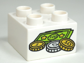 DUPLO | PARTS | PRELOVED | Duplo, Brick 2 x 2 with Money Coins and Bills Pattern [3437pb056]