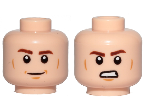 PARTS | Minifigure, Head Dual Sided Reddish Brown Eyebrows, Medium Nougat Cheek Lines and Chin Dimple, Smile / Angry with Bared Teeth Pattern - Hollow Stud [3626cpb2108]