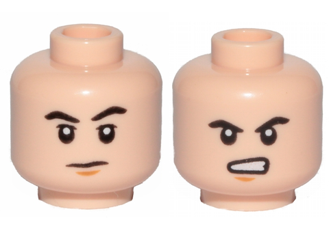 PARTS | Minifigure, Head Dual Sided Black Eyebrows, Medium Nougat Chin Dimple, Neutral / Angry with Bared Teeth Pattern - Hollow Stud [3626cpb2358]