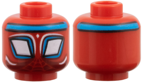PARTS | Minifigure, Head Alien with Spider-Man Large White Diamond Eyes with Dark Azure Borders and Headband, Webbing and Highlights on Dark Red Background Pattern [3626pb3945]