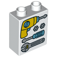 DUPLO | PARTS | PRELOVED | Duplo, Brick 1 x 2 x 2 with Drill, 2 Bolts, Screwdriver and Adjustable Wrench Tools Pattern [4066pb583]