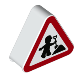 DUPLO | PARTS | PRELOVED | Duplo, Brick 1 x 3 x 2 Triangle Road Sign with Red Border and Black Construction Worker, Duplo Figure Pattern [42025pb16]