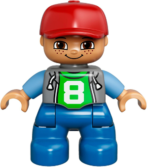DUPLO | MINIFIGURE | PRELOVED | Duplo Figure Lego Ville, Child Boy, Blue Legs, Light Bluish Gray Top with Number 8, Medium Blue Arms, Red Cap, Freckles [47205pb026]