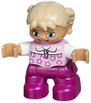 DUPLO | MINIFIGURE | PRELOVED | Duplo Figure Lego Ville, Child Girl, Magenta Legs, Bright Pink Top with Flowers, White Arms, Tan Hair with Braids [47205pb028] (Copy)