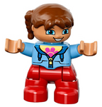 DUPLO | MINIFIGURE | PRELOVED | Duplo Figure Lego Ville, Child Girl, Red Legs, Medium Blue Jacket over Shirt with Flower, Reddish Brown Pigtails [47205pb030]