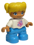 DUPLO | MINIFIGURE | PRELOVED | Duplo Figure Lego Ville, Child Girl, Dark Azure Legs, White Top with Pink Butterfly, Yellow Hair with Pigtails [47205pb037]