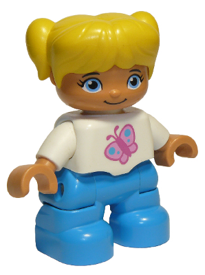 DUPLO | MINIFIGURE | PRELOVED | Duplo Figure Lego Ville, Child Girl, Dark Azure Legs, White Top with Pink Butterfly, Yellow Hair with Pigtails [47205pb037]
