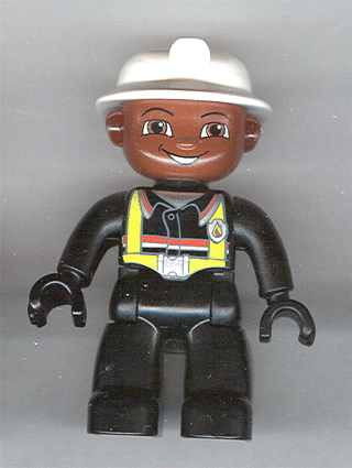 DUPLO | MINIFIGURE | PRELOVED | Duplo Figure Lego Ville, Male Fireman, Black Legs, Black Hands, White Helmet, Brown Face [47394pb010]