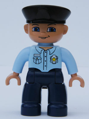DUPLO | MINIFIGURE | PRELOVED | Duplo Figure Lego Ville, Male Police, Black Hat, Nougat Head and Hands, Bright Light Blue Shirt with Badge, Dark Blue Legs [47394pb034]