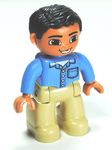 DUPLO | MINIFIGURE | PRELOVED | Duplo Figure Lego Ville, Male, Tan Legs, Medium Blue Shirt with Pocket and 4 Buttons, Black Hair [47394pb159]