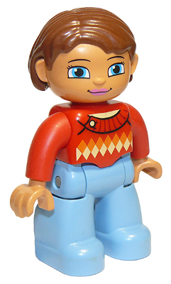 DUPLO | MINIFIGURE | PRELOVED | Duplo Figure Lego Ville, Female, Medium Blue Legs, Red Sweater with Diamond Pattern, Reddish Brown Hair, Blue Eyes [47394pb180]
