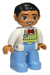 DUPLO | MINIFIGURE | PRELOVED | Duplo Figure Lego Ville, Male, Medium Blue Legs, Lime Striped Apron, Red Bow Tie, Black Hair, Oval Eyes [47394pb182]