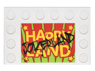 PARTS | Tile, Modified 4 x 6 with Studs on Edges with Black 'JOKERLAND' Graffiti over Yellow 'HAPPY LAND' Pattern (Sticker) - Set 76035 [6180pb094]