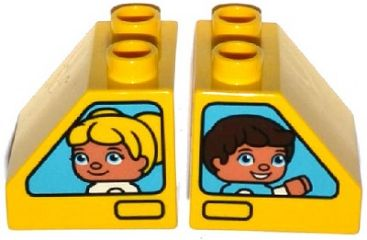 DUPLO | PARTS | PRELOVED | Duplo, Brick 2 x 2 x 1 1/2 Slope 45 with Window with Boy / Girl Pattern [6474pb37]