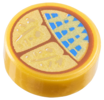 PARTS | Tile, Round 1 x 1 with Reddish Brown and Gold Scarab of Ammit with Blue Spots and Dark Tan Symbols Pattern [98138pb390]