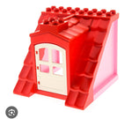 DUPLO | PARTS | PRELOVED | Duplo Roof Support / Duplo Roof Sloped 8 x 8 x 8 with Door Opening / Duplo Door / Window Pane 1 x 4 x 4 with 4 Different Size Panes and Curved Top [2 x 51383 + 51384c01 + 31023]