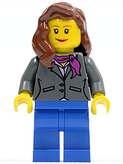 LEGO | CITY | PRELOVED | MINIFIGURE | Dark Bluish Gray Jacket with Magenta Scarf, Blue Legs, Reddish Brown Female Hair over Shoulder [cty0185]