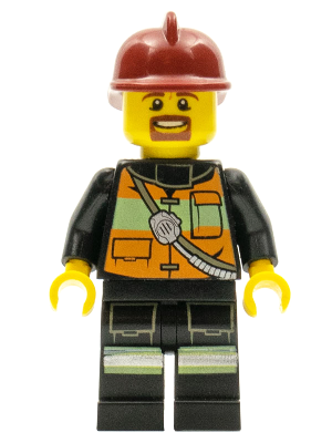 LEGO | MINIFIGURE | CITY | PRELOVED | Fire - Reflective Stripe Vest with Pockets and Shoulder Strap, Dark Red Fire Helmet [cty0342]