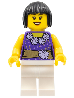 LEGO | CITY | PRELOVED | MINIFIGURE | Female Dark Purple Blouse with Gold Sash and Flowers, White Legs, Black Bob Cut Hair [cty0354]