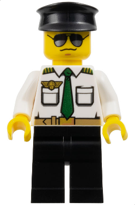LEGO | MINIFIGURE | CITY | PRELOVED | Airport - Pilot, White Shirt with Dark Green Tie and Belt, Black Legs, Black Hat [cty0403]