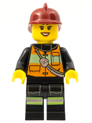 LEGO | MINIFIGURE | CITY | PRELOVED | Fire - Reflective Stripe Vest with Pockets and Shoulder Strap, Dark Red Fire Helmet, Black Eyebrows [cty0434]
