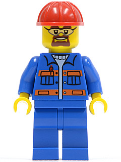 LEGO | MINIFIGURE | CITY | PRELOVED | Blue Jacket with Pockets and Orange Stripes, Blue Legs, Red Construction Helmet, Safety Goggles [cty0471]