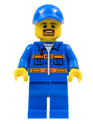 LEGO | CITY | PRELOVED | MINIFIGURE | Blue Jacket with Pockets and Orange Stripes, Blue Legs, Blue Cap with Hole, Brown Moustache and Goatee [cty0556]