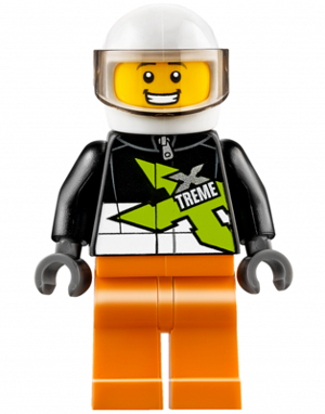 LEGO | CITY | PRELOVED | MINIFIGURE | Xtreme Stunt Truck Driver, Male, Black Racing Jacket, Orange Legs, White Standard Helmet [cty0698]