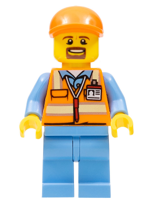 LEGO | MINIFIGURE | CITY | PRELOVED | Orange Safety Vest with Reflective Stripes, Medium Blue Legs, Orange Short Bill Cap, Goatee [cty0704]