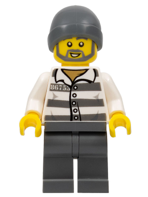 LEGO | CITY | PRELOVED | MINIFIGURE | Police - Jail Prisoner 86753 Prison Stripes, Dark Bluish Gray Beanie [cty0715]