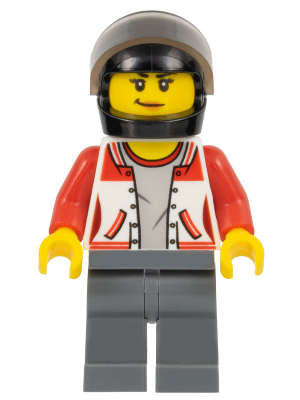 LEGO | CITY | PRELOVED | MINIFIGURE | ATV Driver - Female, Jacket with Number 8 on Back, Dark Bluish Gray Legs, Black Helmet [cty0729]