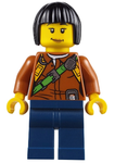 LEGO | MINIFIGURE | PRELOVED | Jungle Explorer Female - Dark Orange Shirt with Green Strap, Dark Blue Legs, Black Bob Cut Hair, Peach Lips Lopsided Smile [cty0806]