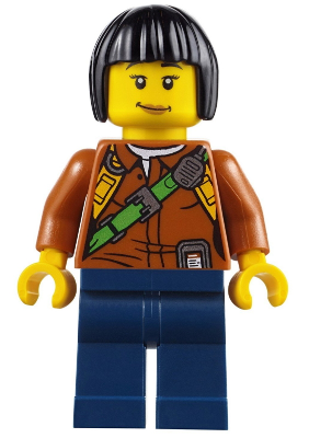 LEGO | MINIFIGURE | PRELOVED | Jungle Explorer Female - Dark Orange Shirt with Green Strap, Dark Blue Legs, Black Bob Cut Hair, Peach Lips Lopsided Smile [cty0806]