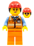 LEGO | CITY | PRELOVED | MINIFIGURE | Airport Luggage Handler - Female, Orange Safety Vest with Reflective Stripes, Orange Legs, Red Construction Helmet with Dark Brown Ponytail Hair [cty0950]