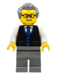 LEGO | MINIFIGURE | CITY | PRELOVED | Launch Director - Male, Black Vest with Blue Striped Tie, Dark Bluish Gray Legs, Dark Bluish Gray Hair, Glasses and Moustache [cty1070]