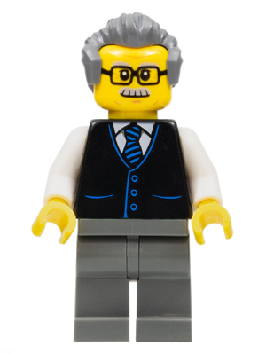 LEGO | MINIFIGURE | CITY | PRELOVED | Launch Director - Male, Black Vest with Blue Striped Tie, Dark Bluish Gray Legs, Dark Bluish Gray Hair, Glasses and Moustache [cty1070]