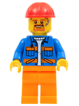 LEGO | CITY | PRELOVED | MINIFIGURE | Blue Jacket with Diagonal Lower Pockets and Orange Stripes, Orange Legs, Red Construction Helmet [cty1161]