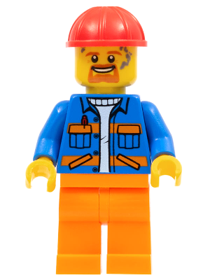 LEGO | CITY | PRELOVED | MINIFIGURE | Blue Jacket with Diagonal Lower Pockets and Orange Stripes, Orange Legs, Red Construction Helmet [cty1161]