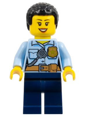 LEGO | MINIFIGURE | CITY | PRELOVED | Police - City Officer Female, Bright Light Blue Shirt with Badge and Radio, Dark Blue Legs, Short Black Curly Hair [cty1381]