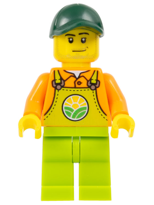 LEGO | CITY | PRELOVED | MINIFIGURE | Farmer - Male, Lime Overalls over Orange Shirt, Lime Legs, Dark Green Cap [cty1478]