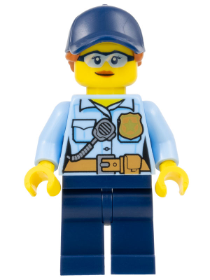 LEGO | MINIFIGURE | CITY | PRELOVED | Police - City Officer Female, Bright Light Blue Shirt with Badge and Radio, Dark Blue Legs, Dark Blue Cap with Dark Orange Ponytail, Safety Glasses [cty1525]