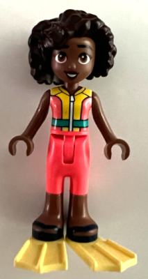 LEGO | MINIFIGURE | NEW | FRIENDS | Friends Aliya - Coral and Yellow Sleeveless Wetsuit, Dark Turquoise Belt, Dark Blue Sandals, Bright Light Yellow Flippers [frnd0660]