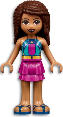 LEGO | MINIFIGURE | FRIENDS | Friends Andrea - Dark Turquoise Halter Top with Magenta Stripes and Dots, Magenta Skirt [frnd444]