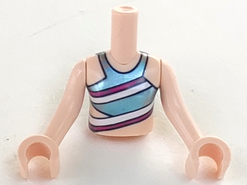 PARTS | Torso Mini Doll Girl Metallic Light Blue Swimsuit Top with Magenta and White Diagonal Stripes Pattern, Light Nougat Arms with Hands [ftgpb236c01]