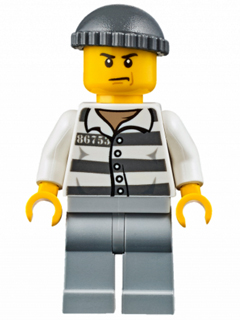 LEGO | CITY | PRELOVED | MINIFIGURE | Police - Jail Prisoner 86753 Prison Stripes, Dark Bluish Gray Knit Cap, Scowl [jail006]