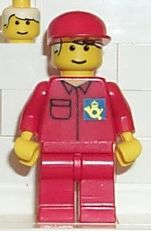 LEGO | MINIFIGURE | CITY | PRELOVED | Post Office Blue Background Logo, Red Legs, Red Cap [post003]